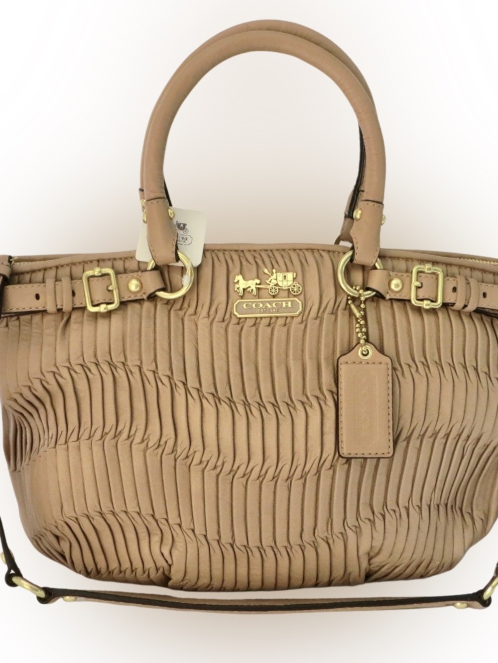 Coach Beige Ruched Leather Satchel with Gold Hardware NWT